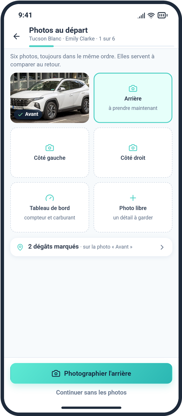 Six photos guidées de la voiture au départ, toujours dans le même ordre.