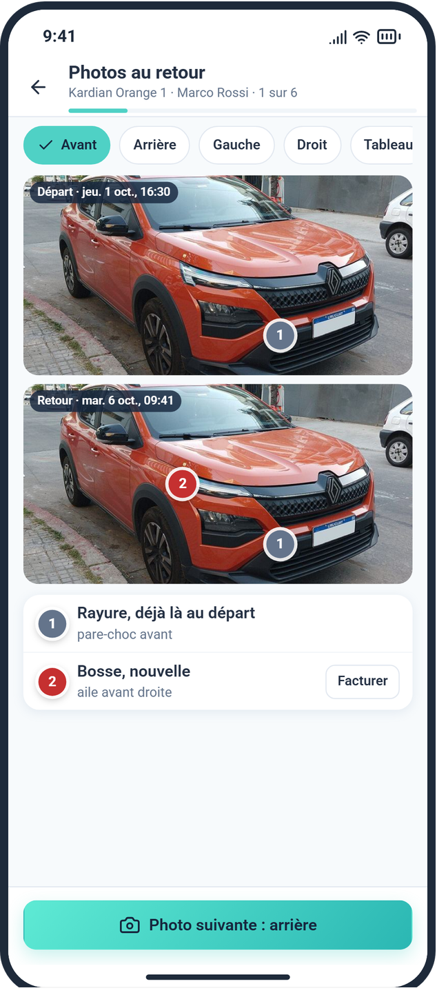 Les photos du retour face à celles du départ : la rayure déjà notée, la bosse nouvelle à facturer.