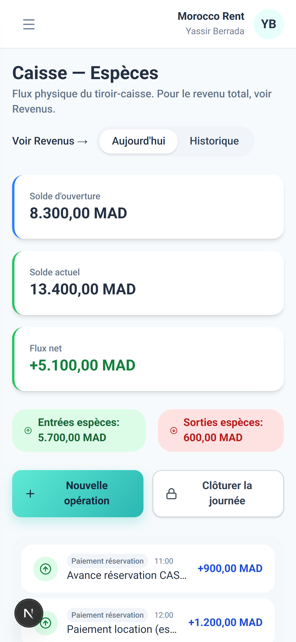 La caisse Vrooma sur mobile — encaissements et solde du jour
